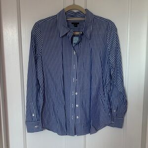 Ann Taylor Blue and White Striped Button Down Shirt